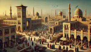 représentation de Bagdad en Irak au 13ème siècle par une IA