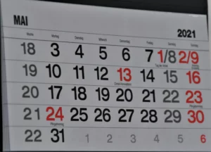 Calendrier du mois de mai 2021 montrant les jours fériés en Allemagne, utilisé pour illustrer les jours fériés en Belgique.