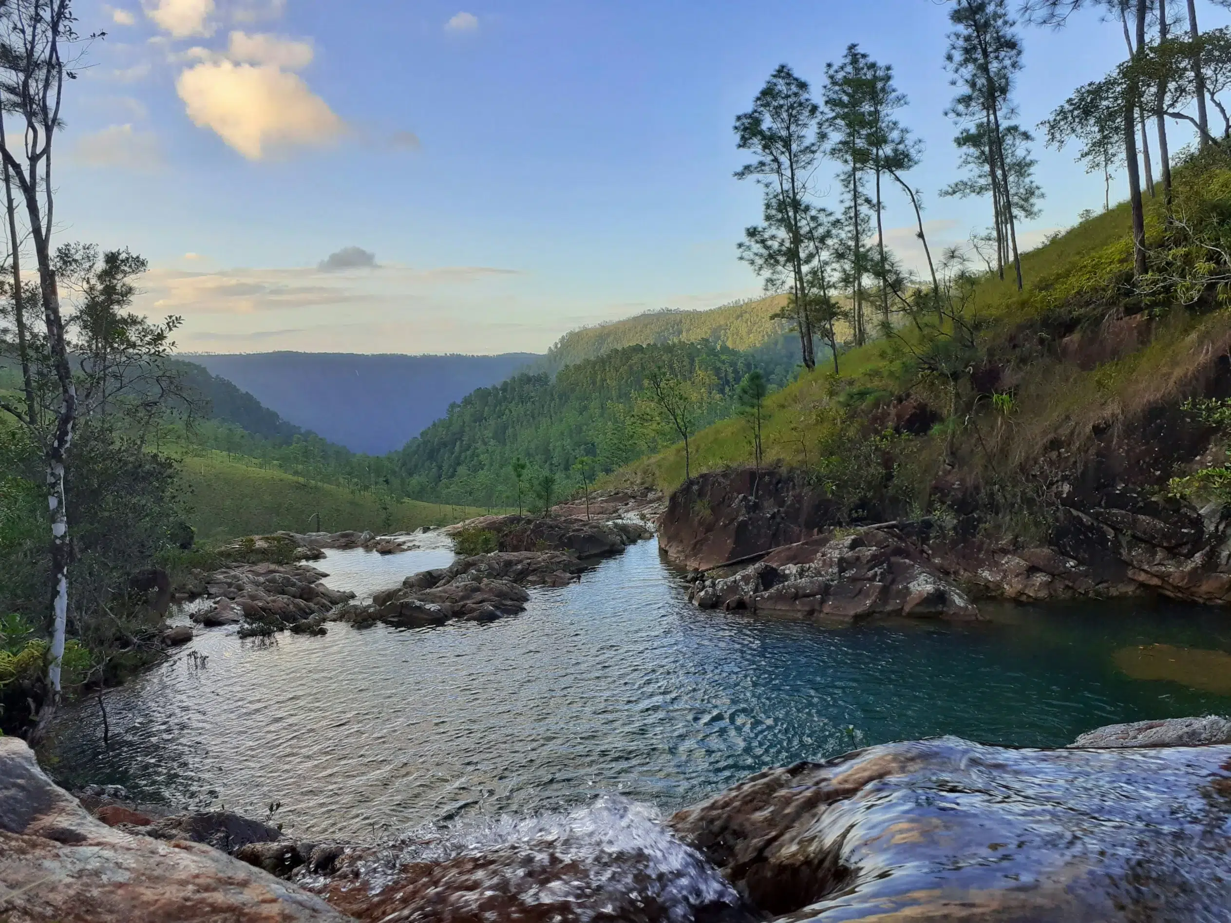 Paysage naturel de la réserve Mountain Pine Ridge au Belize avec vue sur les montagnes, rivière et pins, capturé lors de la meilleure période pour visiter le pays