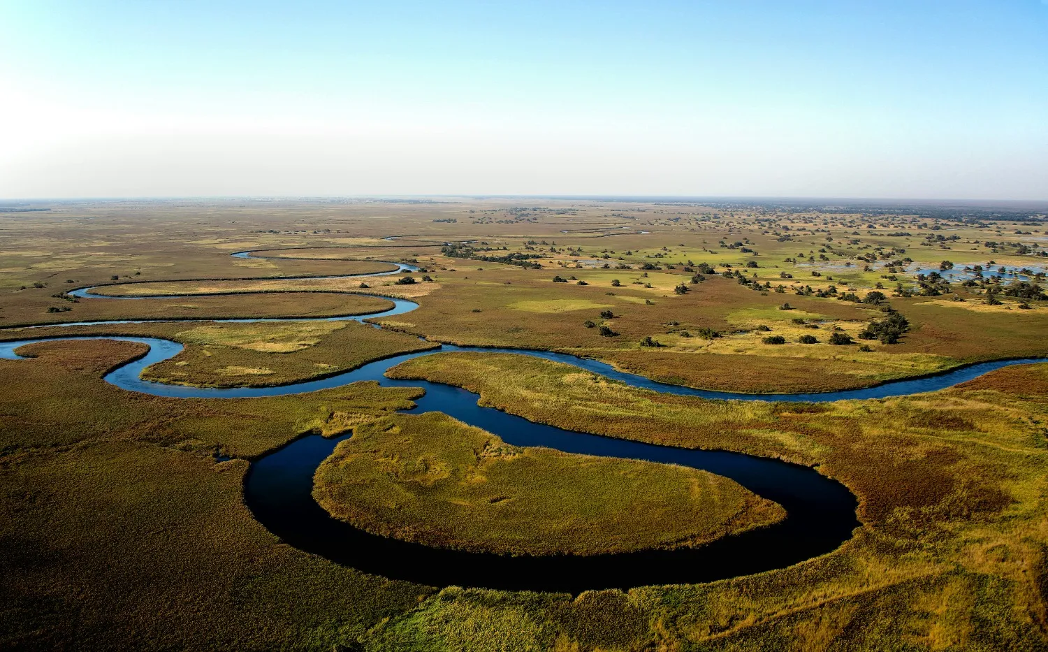 Vue aérienne du delta de l’Okavango au Botswana en Afrique, un paysage naturel unique entre savane et cours d’eau sinueux.