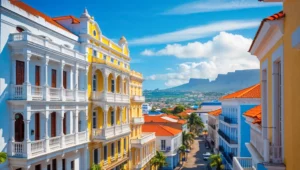 Bâtiments colorés de style colonial dans la ville de Praia, capitale du Cap-Vert, avec vue sur les montagnes en arrière-plan.