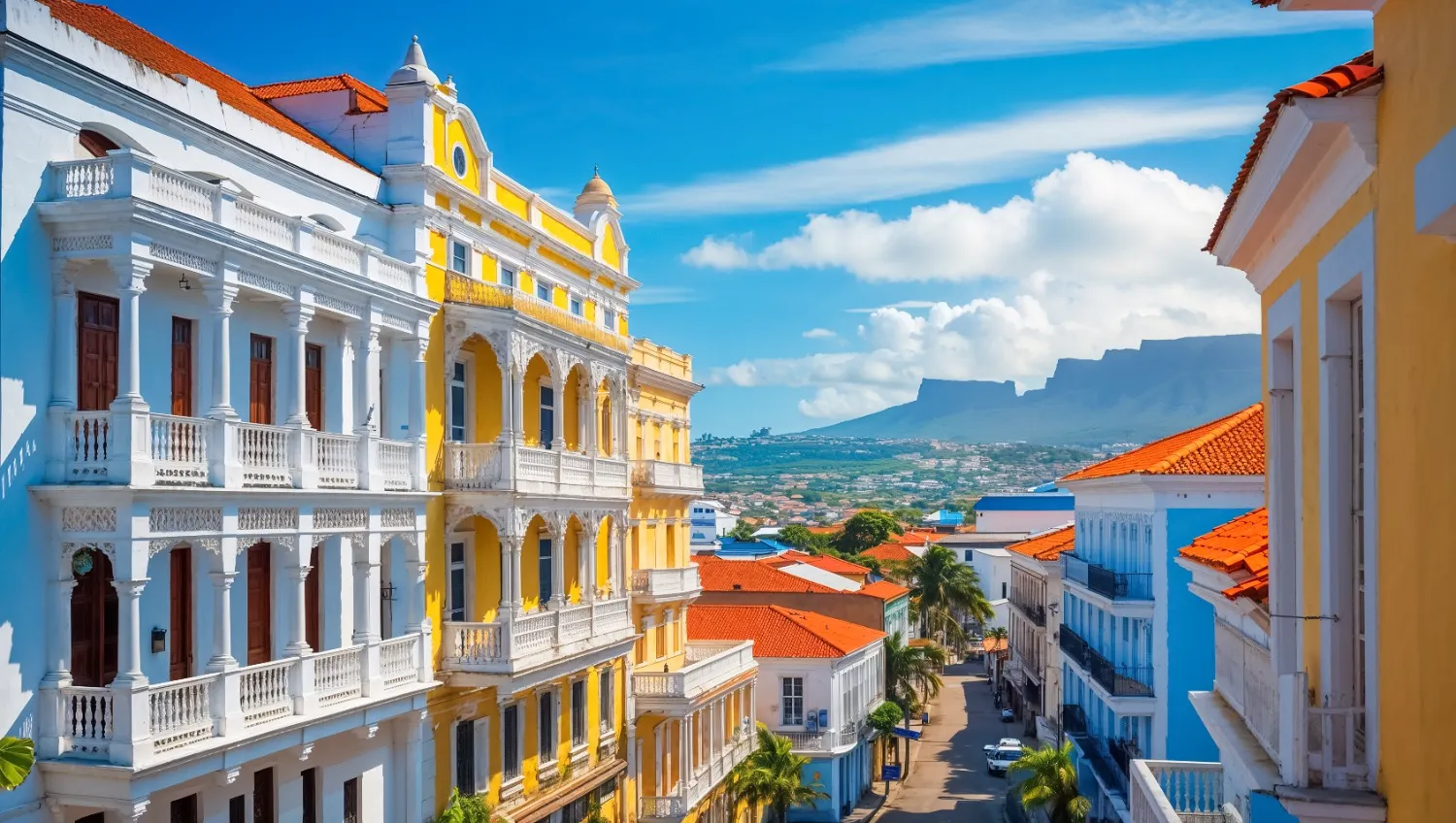 Bâtiments colorés de style colonial dans la ville de Praia, capitale du Cap-Vert, avec vue sur les montagnes en arrière-plan.