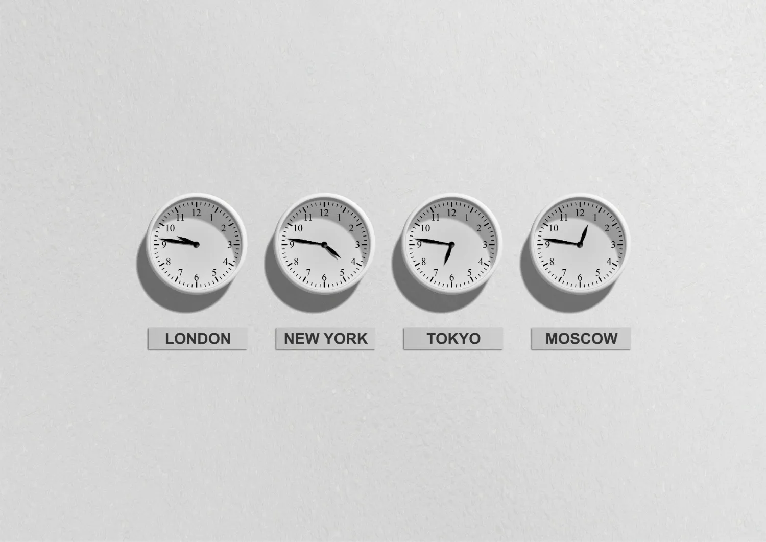 Décalage horaire Cap-Vert comparé à Londres, New York, Tokyo et Moscou avec des horloges murales