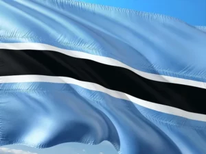 Drapeau du Botswana flottant dans le ciel bleu, avec une bande noire centrale encadrée de blanc sur fond bleu clair.