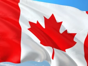 Drapeau du Canada rouge et blanc avec feuille d’érable flottant au vent