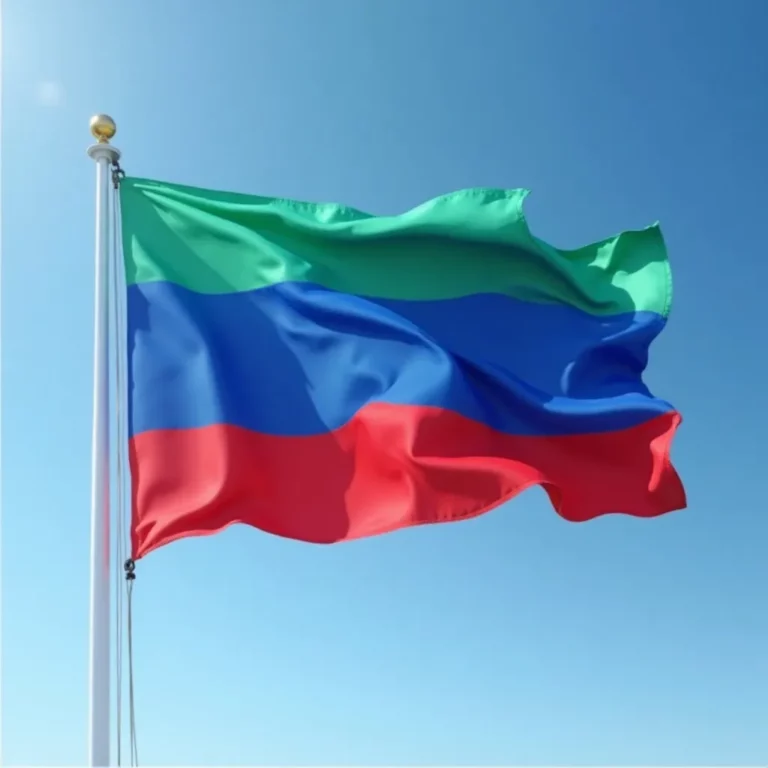 Drapeau du Daghestan flottant au vent sous un ciel bleu clair.