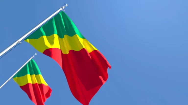 Drapeau du Congo-Brazzaville vert, jaune et rouge flottant au vent sur fond de ciel bleu.