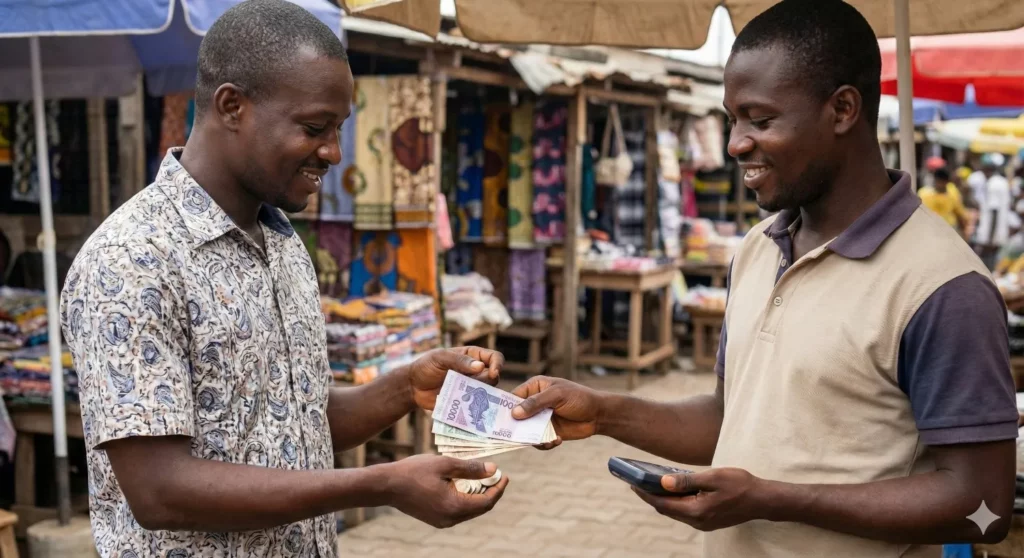 Deux hommes échangent de l’argent au marché, scène réaliste illustrant la monnaie du Bénin utilisée dans les transactions quotidiennes.