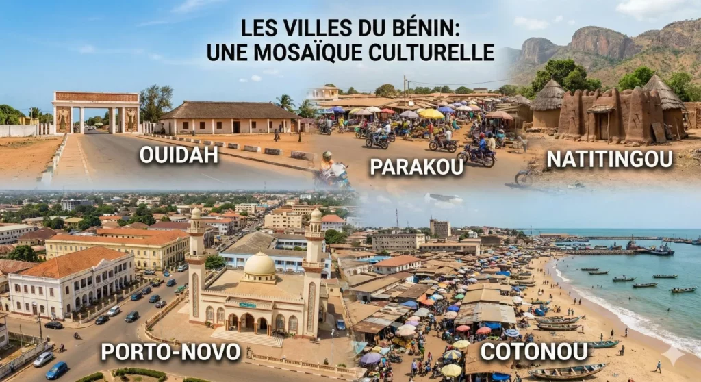 Panorama illustrant les principales villes du Bénin comme Cotonou, Porto-Novo, Parakou, Natitingou et Ouidah, symboles de la diversité culturelle béninoise