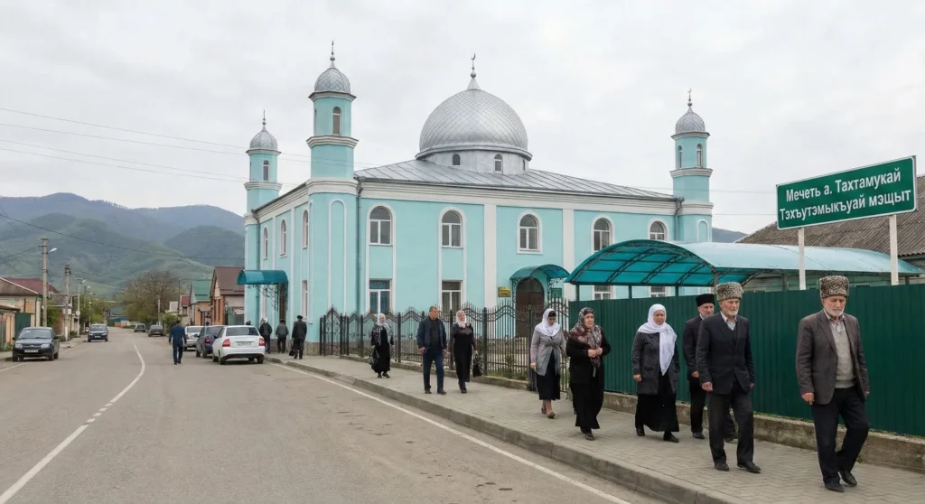Adyguée religion : habitants se rendant à la mosquée traditionnelle dans un village adygué, pratique de l’islam local