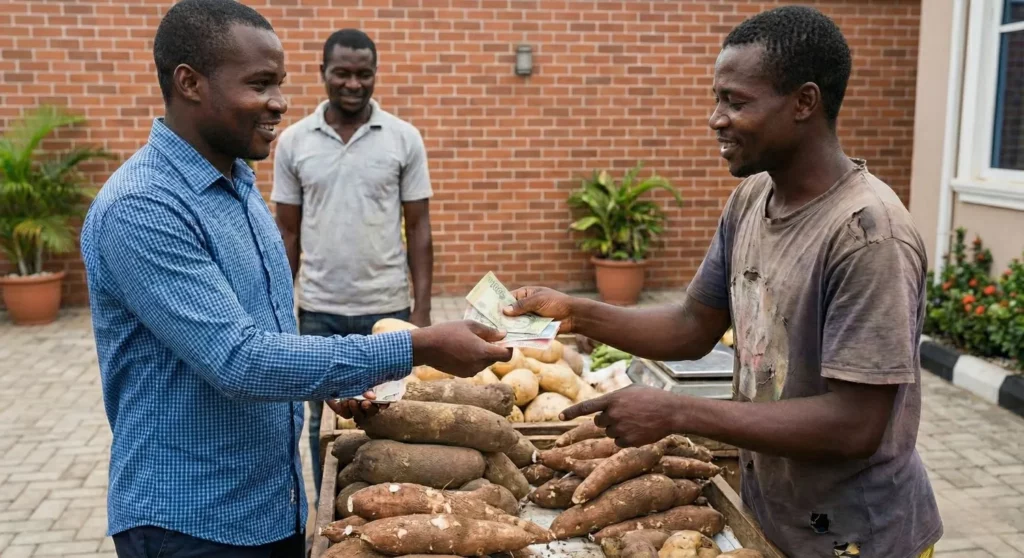 Deux hommes échangent de l’argent sur un marché local en Angola, scène illustrant l’usage de la monnaie Angola dans le commerce quotidien.
