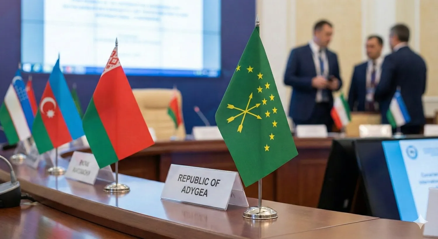 Drapeau Adyguée lors d’une conférence internationale, représentant l'identité adyguéenne dans un contexte diplomatique.