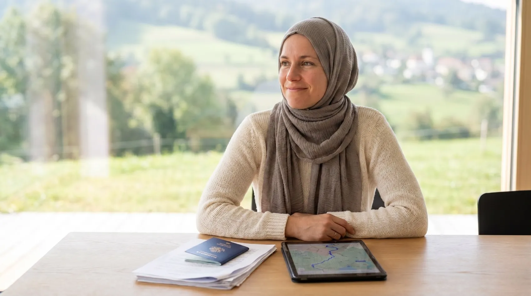 visa pour le kosovo avce une femme portant le voile et ses documents administratif ainsi que son passeport