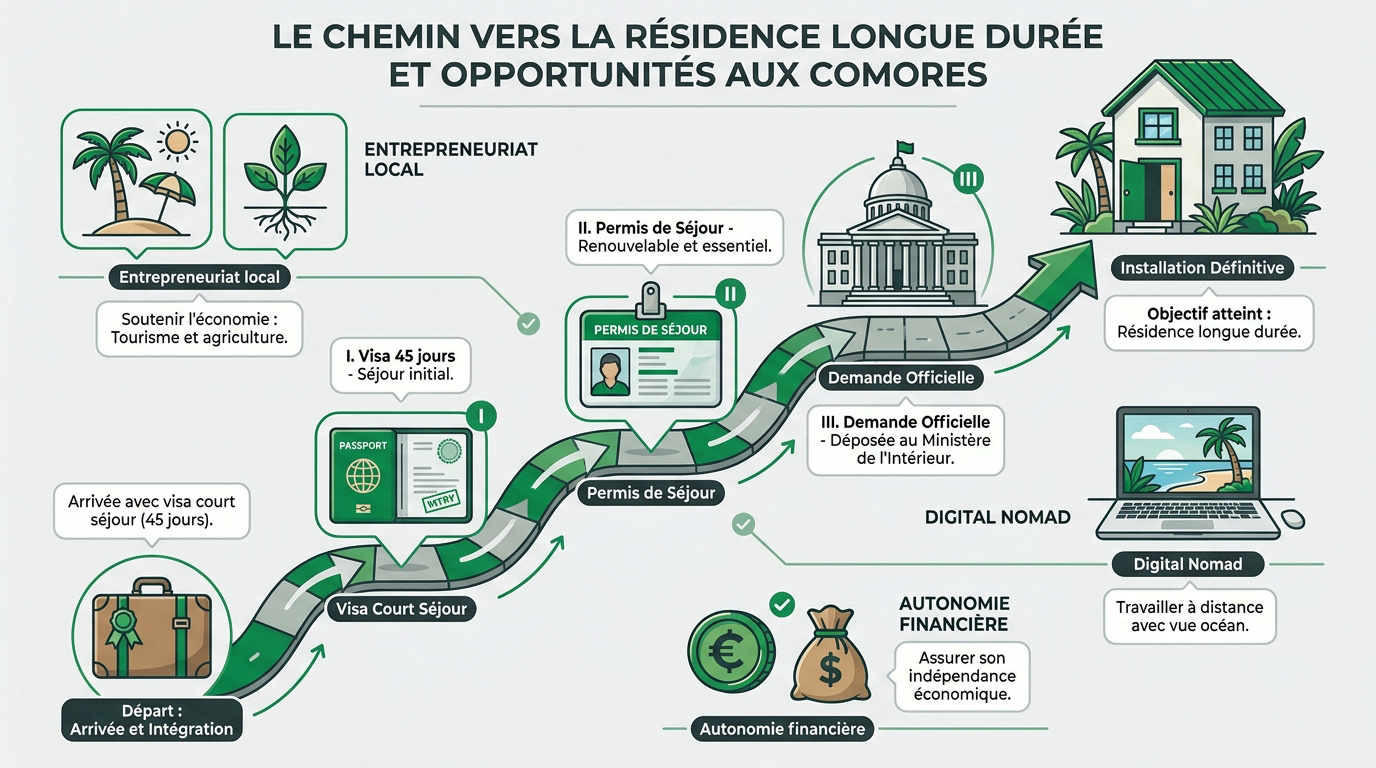 Vue sur le littoral des Comores symbolisant l'installation et les opportunités professionnelles