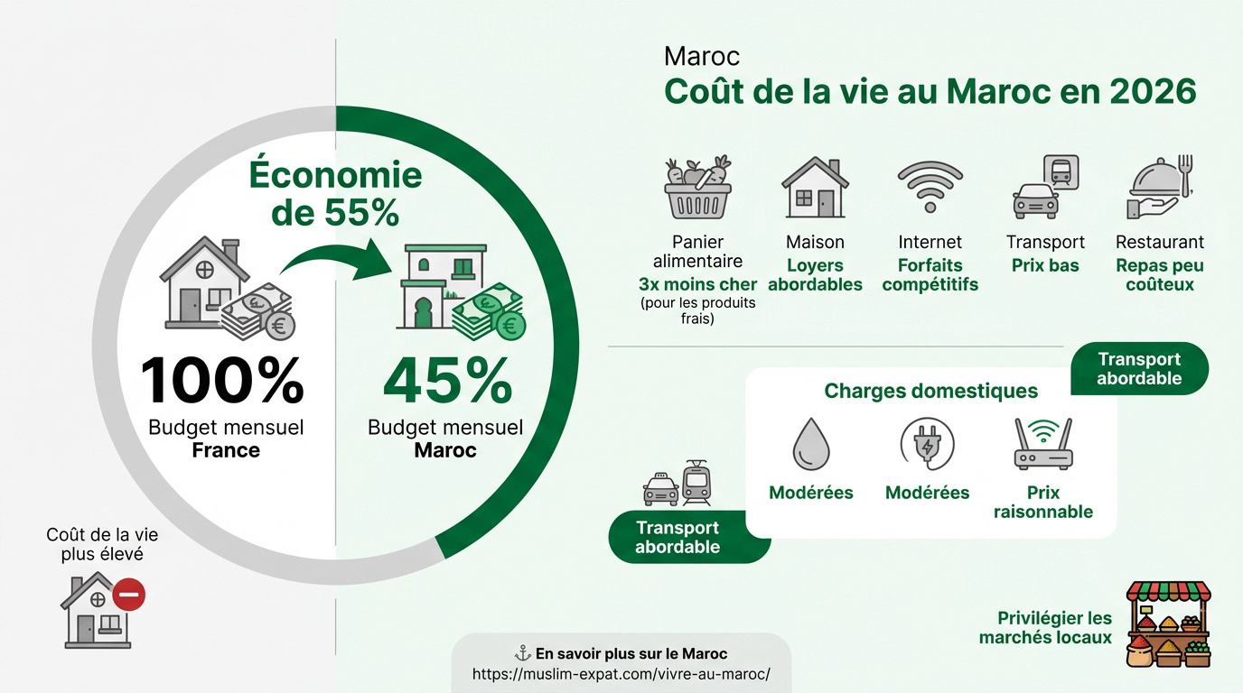 Graphique comparatif du coût de la vie entre la France et le Maroc en 2026