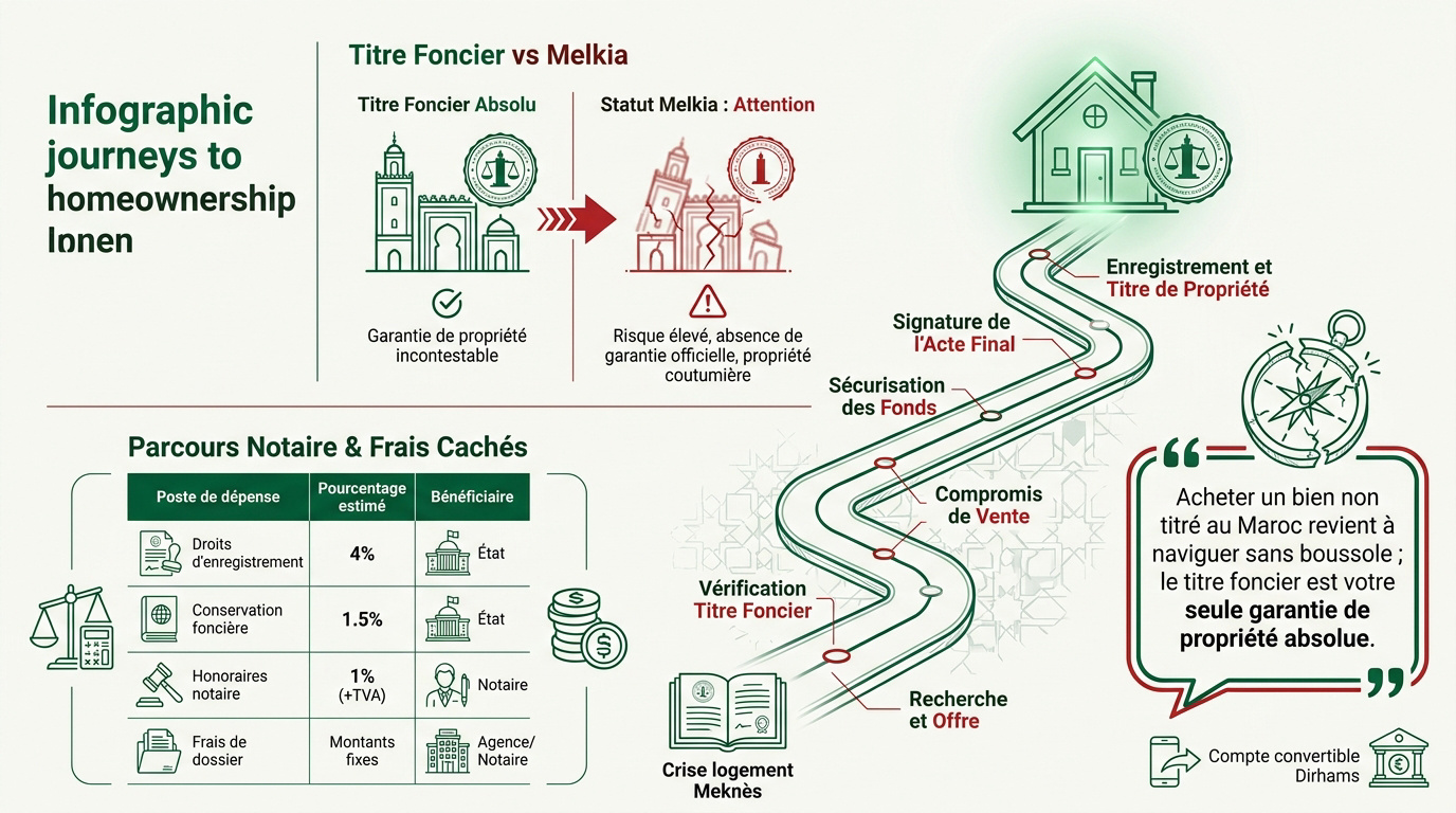 Infographie expliquant les étapes pour devenir propriétaire au Maroc