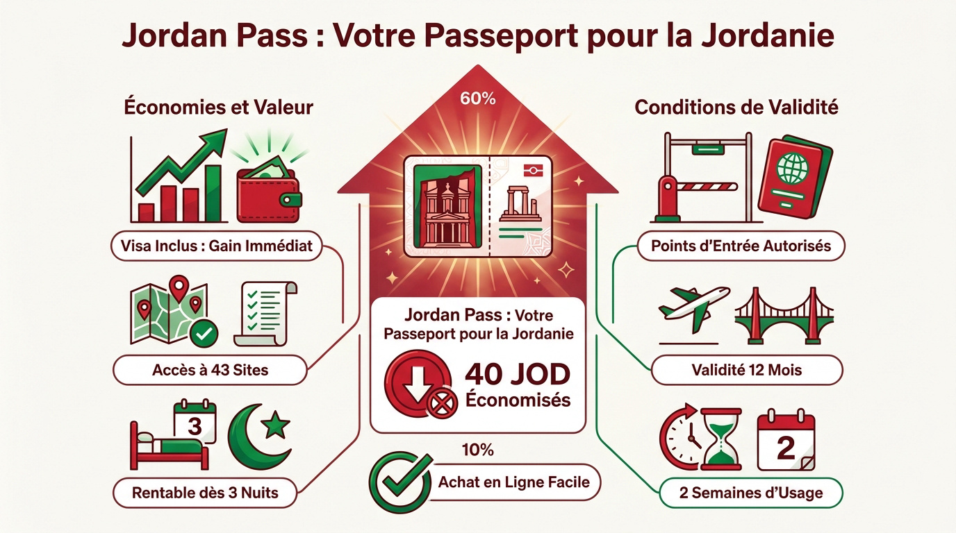 Infographie comparative des économies réalisées avec le Jordan Pass pour le visa et les visites