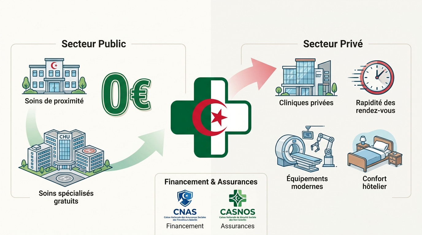 Infographie présentant les chiffres clés et les infrastructures du système de santé en Algérie