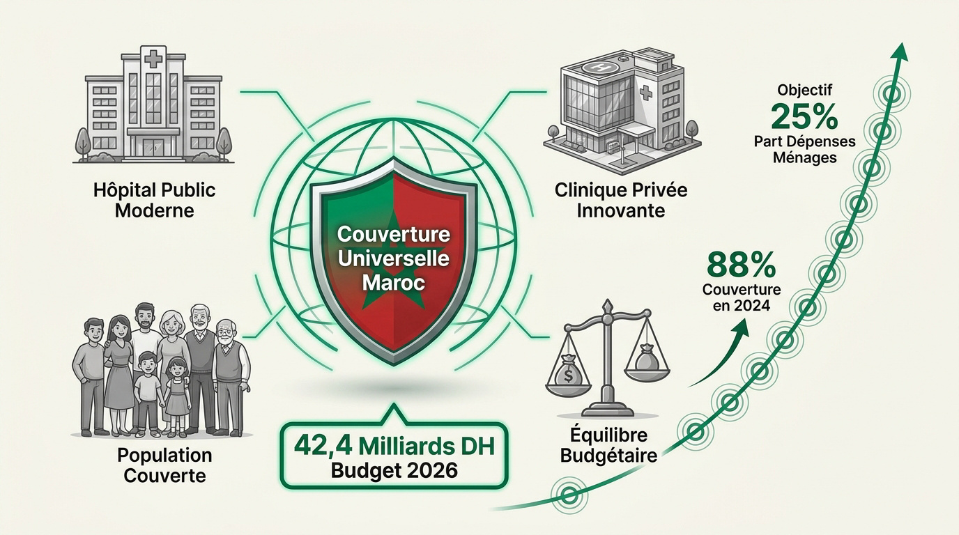 Infographie sur le fonctionnement et les chiffres clés du système de santé au Maroc en 2026