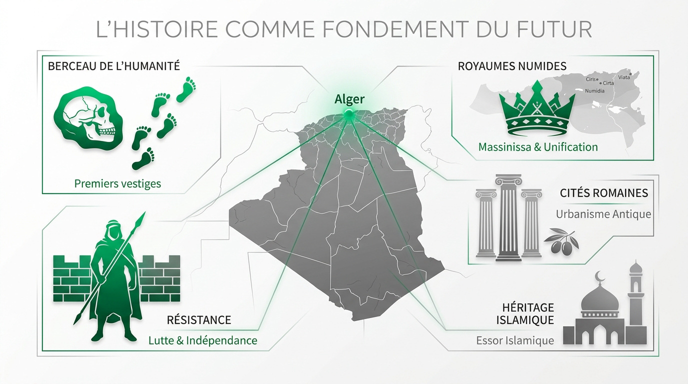 Paysage historique de l'Algérie montrant des ruines antiques et la nature sauvage