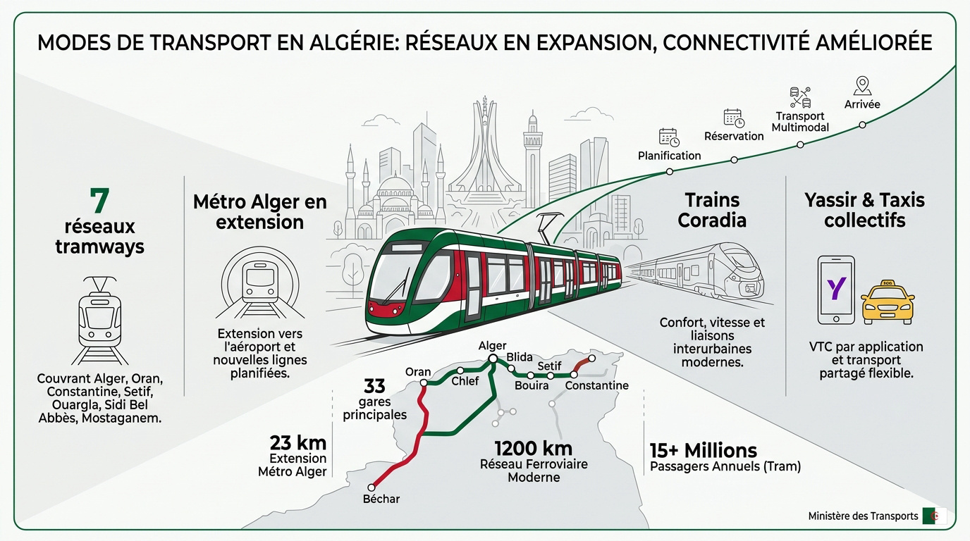Réseaux de transports modernes en Algérie incluant train et tramway