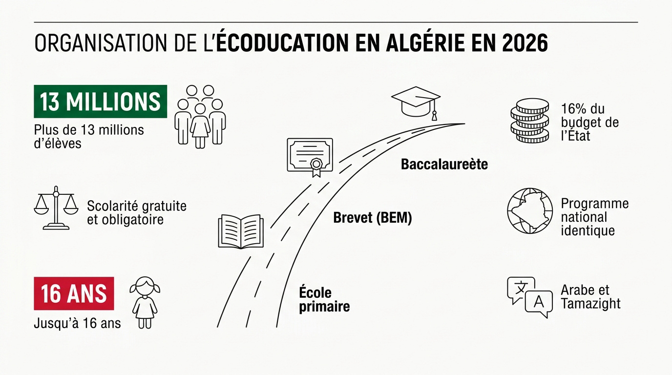 Structure du système éducatif algérien en 2026 incluant les cycles primaire et secondaire