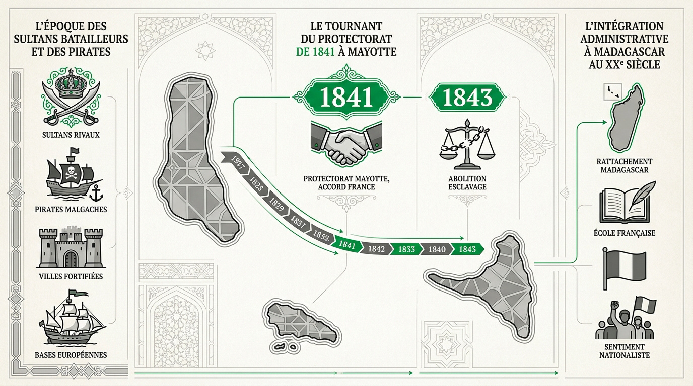 Chronologie historique des Comores montrant l'époque des sultans et le protectorat français