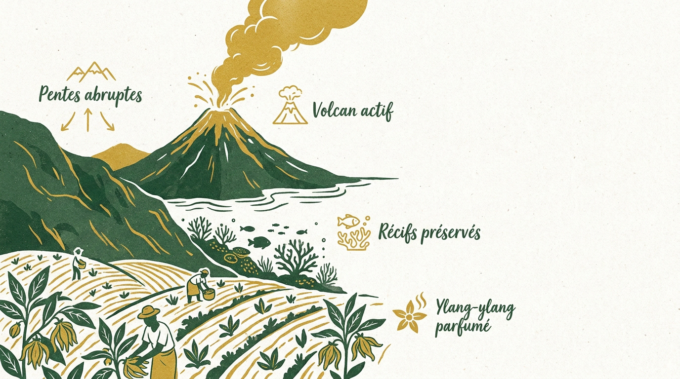 Paysage volcanique des Comores avec plantations d'ylang-ylang et récifs coralliens