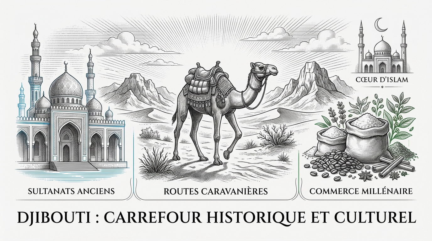 Paysage historique de Djibouti montrant les routes caravanières et le patrimoine culturel