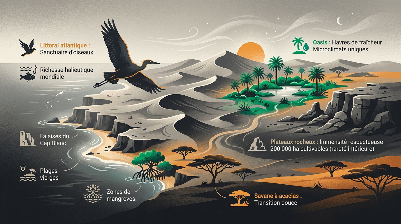 Paysage diversifié des écorégions de Mauritanie entre désert et océan
