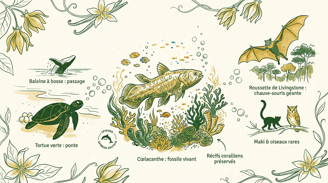 Faune marine et terrestre des Comores incluant le cœlacanthe et la roussette
