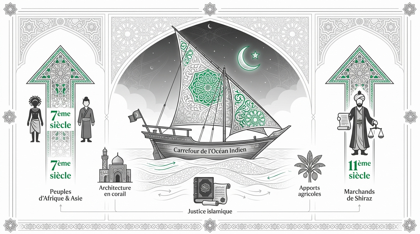 Paysage historique des Comores avec architecture shirazienne et mer des Indes