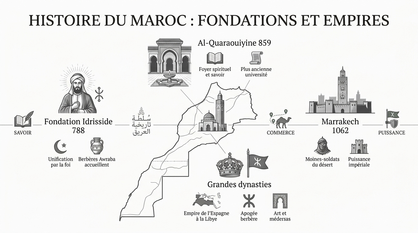 Illustration historique des dynasties et de l'architecture impériale au Maroc