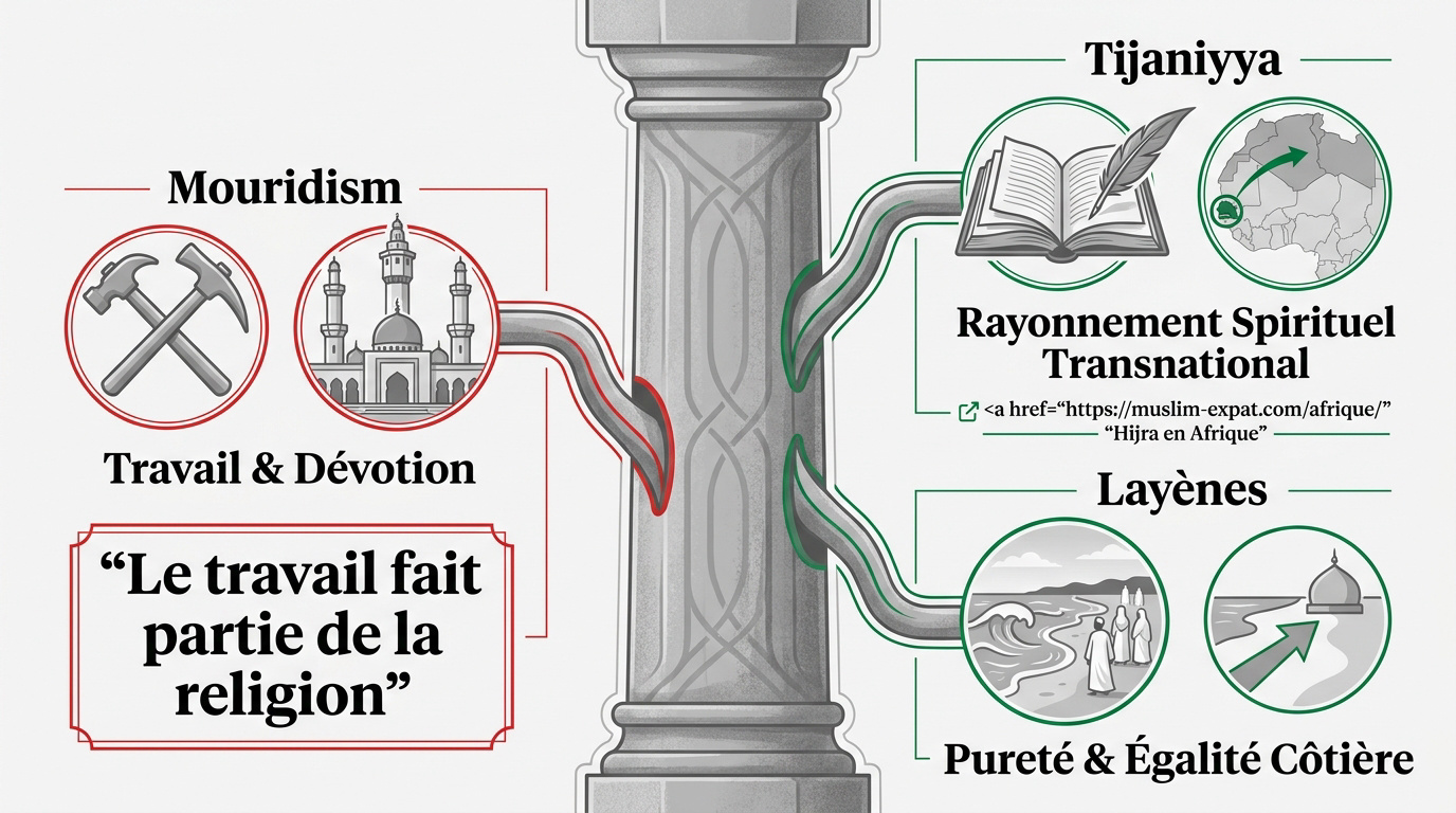 Infographie des confréries soufies au Sénégal : Mouridisme, Tijaniyya et Layeniyya