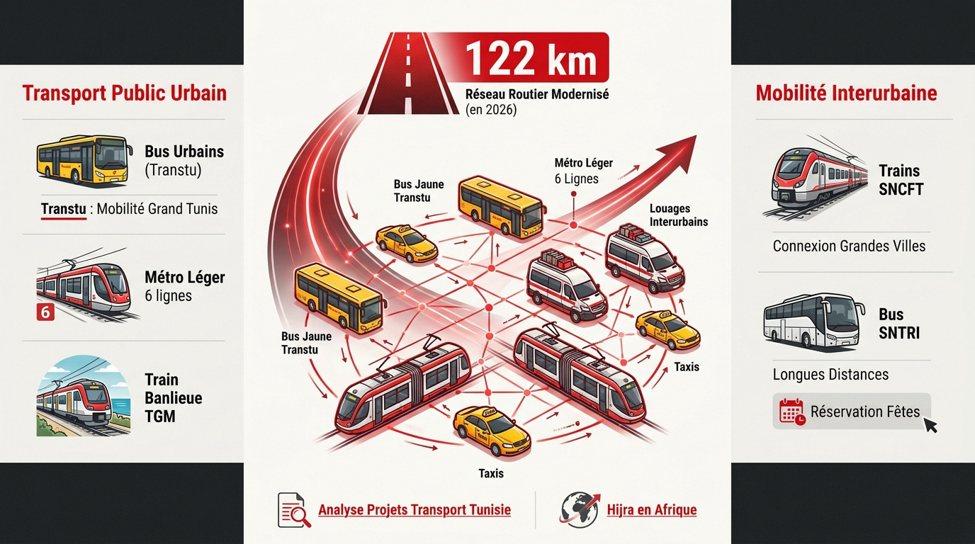 Infographie présentant les différents modes de transport en Tunisie incluant bus, métro et train