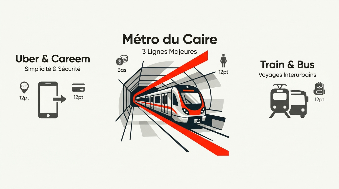 Infographie des transports urbains au Caire incluant métro et VTC