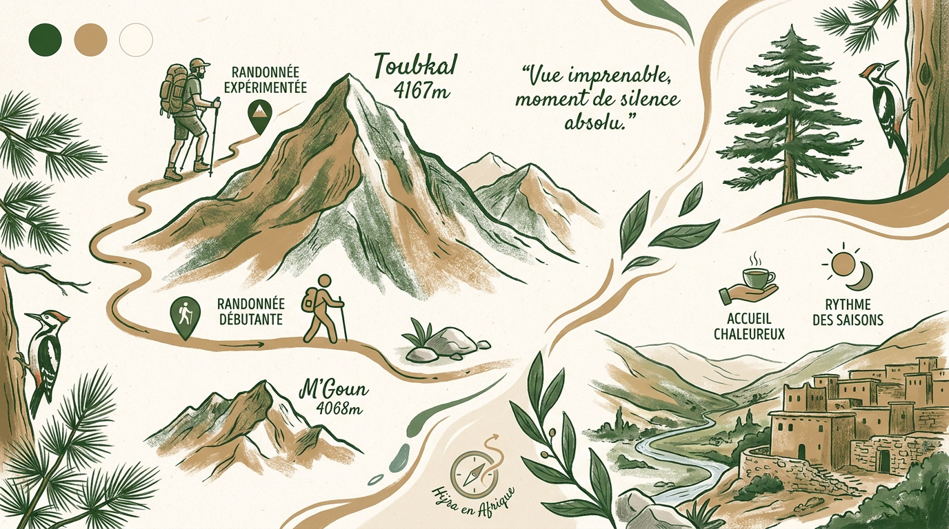 Randonneurs sur les crêtes enneigées de l'Atlas au Maroc