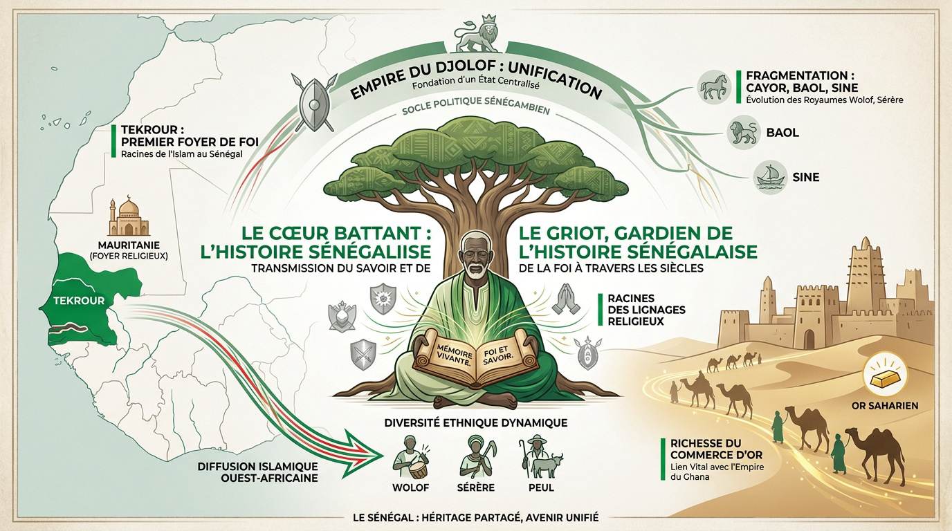 Illustration historique représentant l'héritage des empires et la tradition orale au Sénégal
