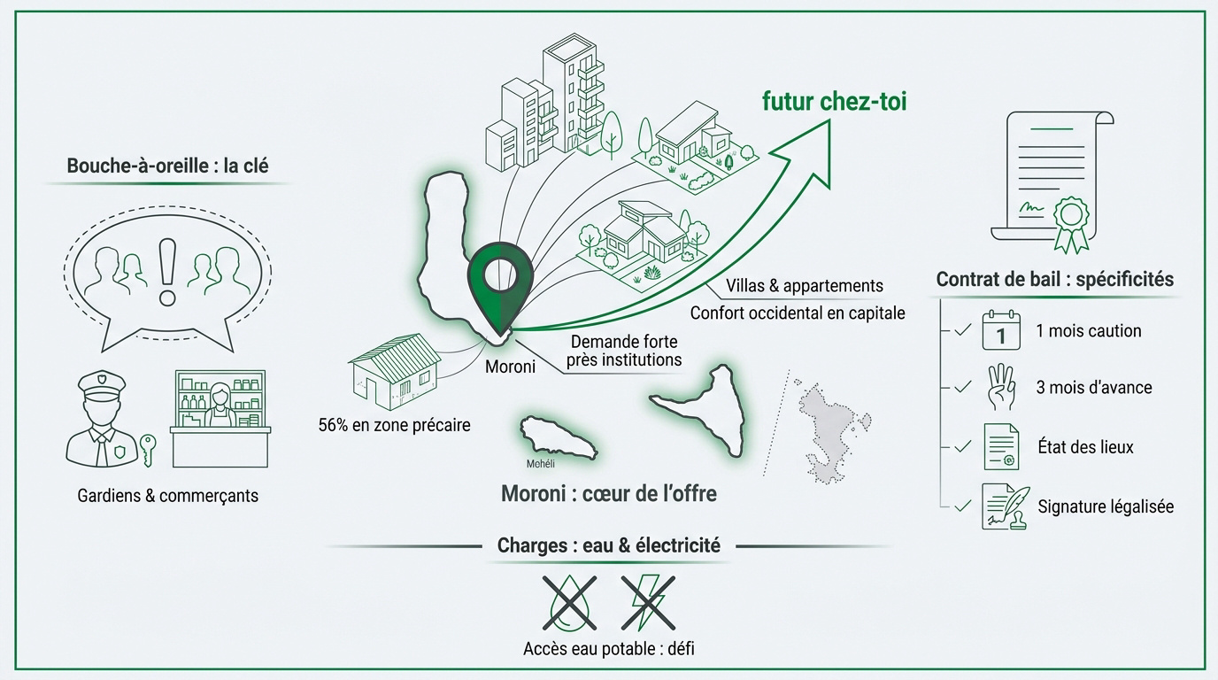 Infographie sur les étapes clés pour trouver un logement aux Comores
