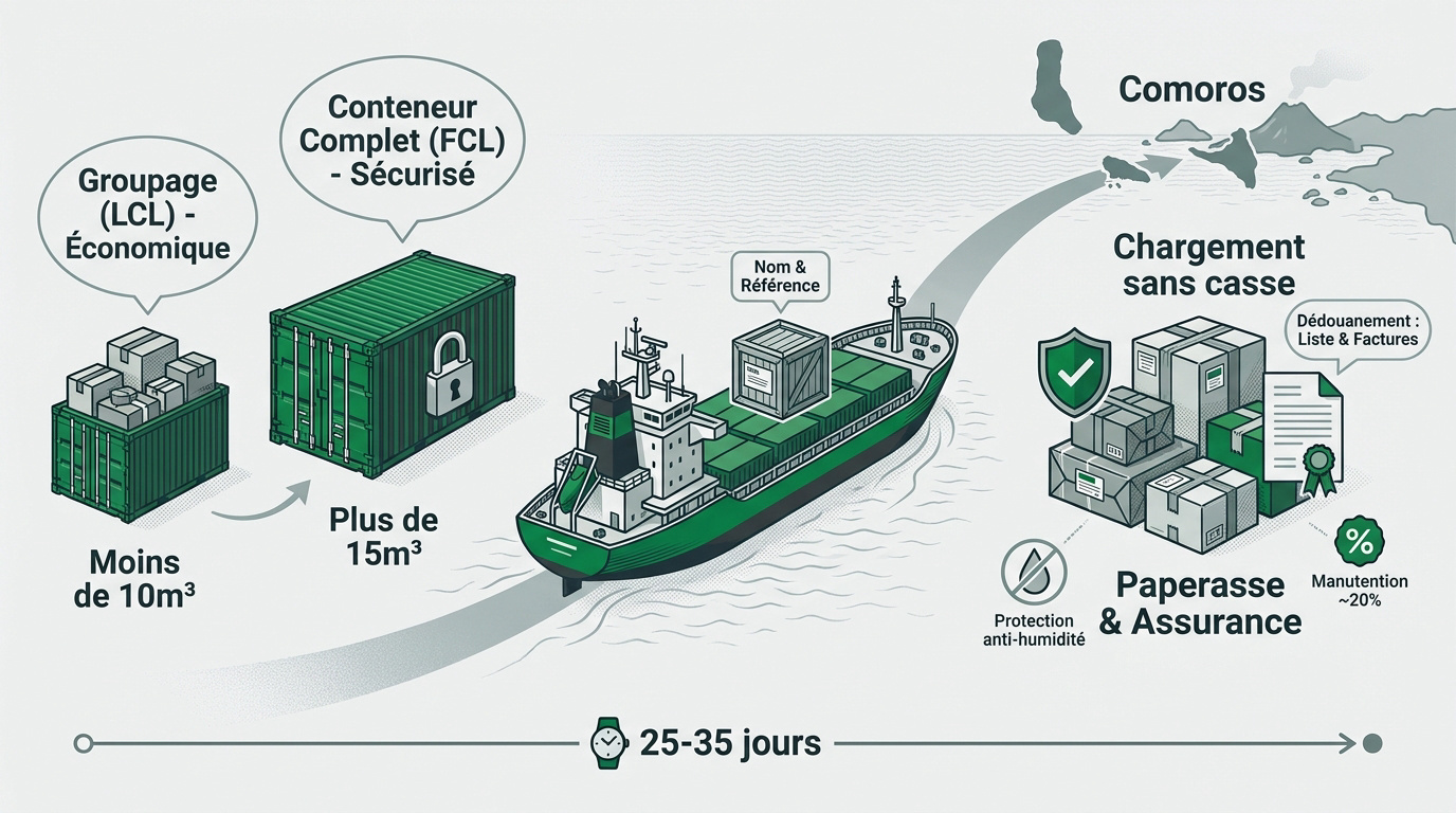 Logistique maritime vers les Comores, comparaison entre conteneur complet FCL et groupage LCL