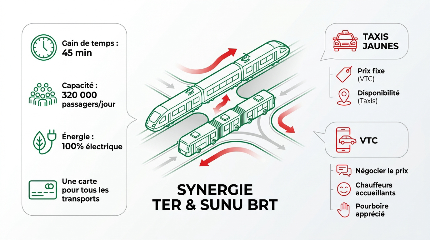 Le Train Express Régional et le bus Sunu BRT circulant dans Dakar