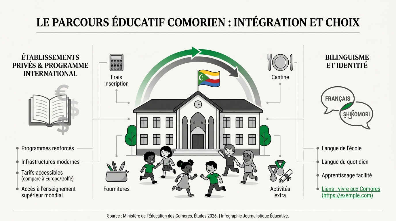 Enfants en uniforme scolaire devant une école aux Comores