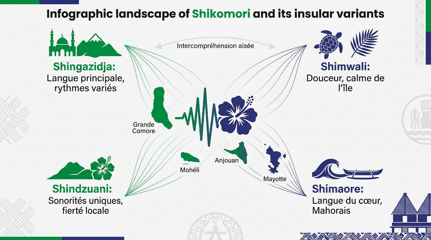 Infographie des variantes du shikomori par île aux Comores