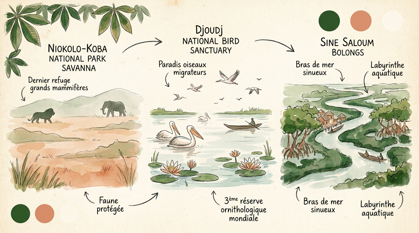 Paysage sauvage du Sénégal avec baobabs et faune locale