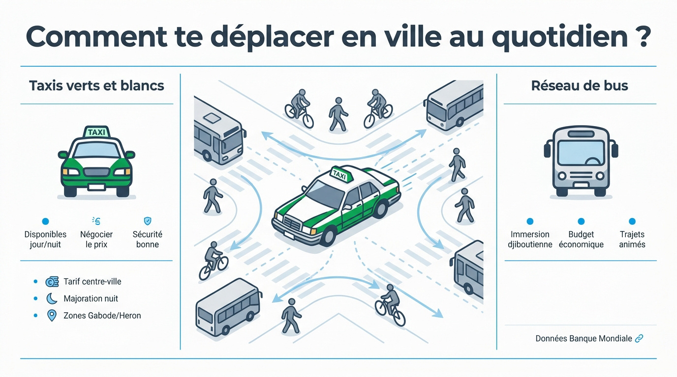 Comparaison entre les taxis verts et blancs et les bus locaux dans les rues de Djibouti