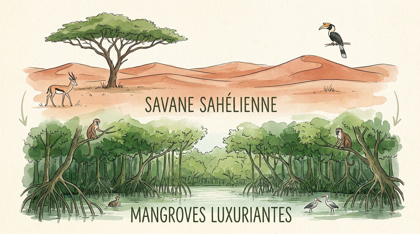 Paysage contrasté du Sénégal entre savane aride et végétation luxuriante