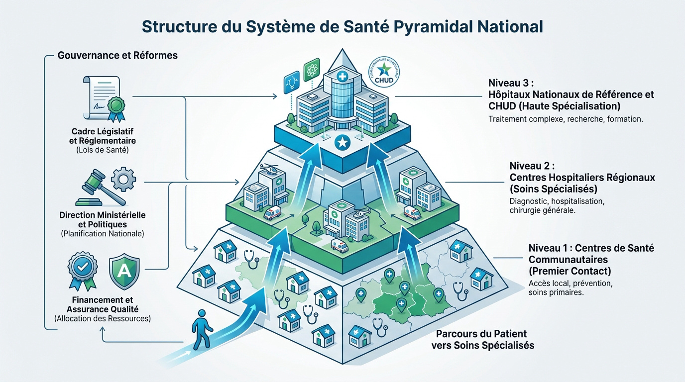 Schéma de la structure pyramidale du système de santé national à Djibouti incluant les trois niveaux de soins