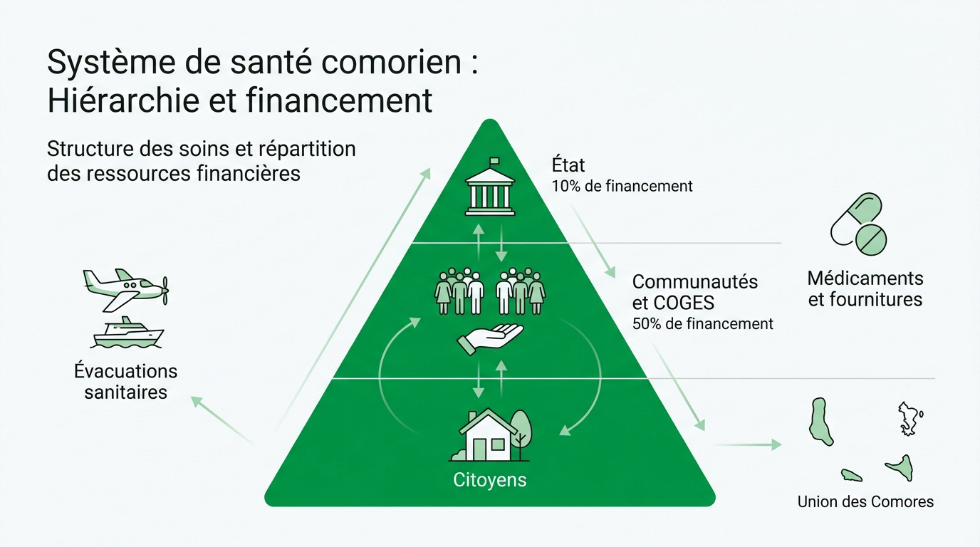 Schéma de la hiérarchie du système de santé aux Comores et son mode de financement