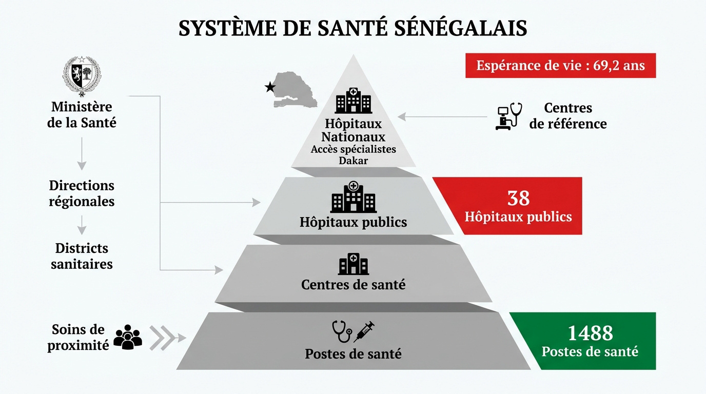 Schéma de la pyramide sanitaire au Sénégal montrant les différents niveaux de soins