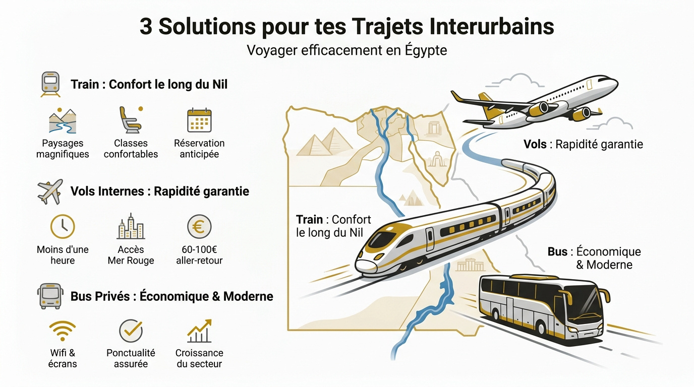 Train, avion et bus pour les trajets entre les villes en Égypte